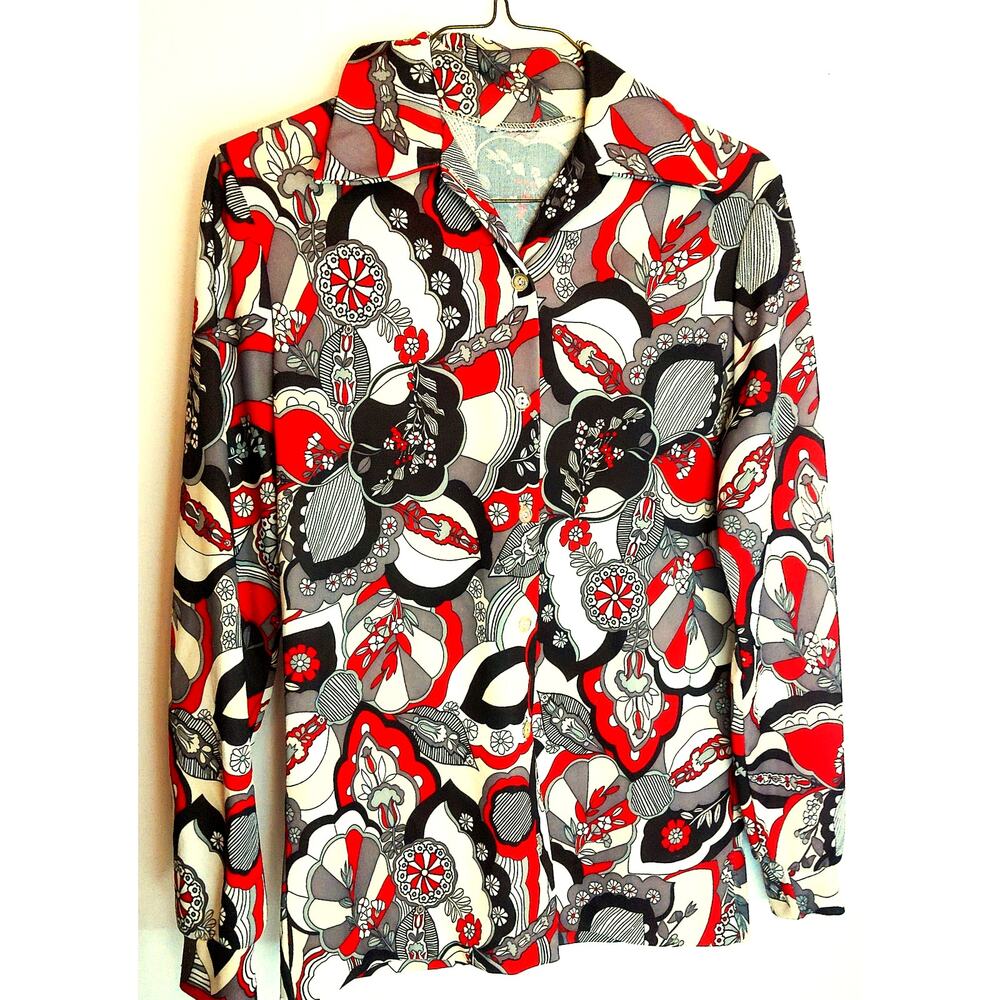 Vintage Psychedelic 70s Retro Abstract Floral Dagger Collar Blouse Shirt READ